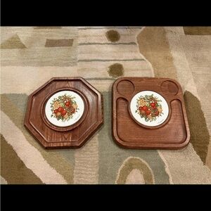 MCM Goodwood Vintage Wood & Ceramic Trivets – Set of 2 Retro Fruit Design